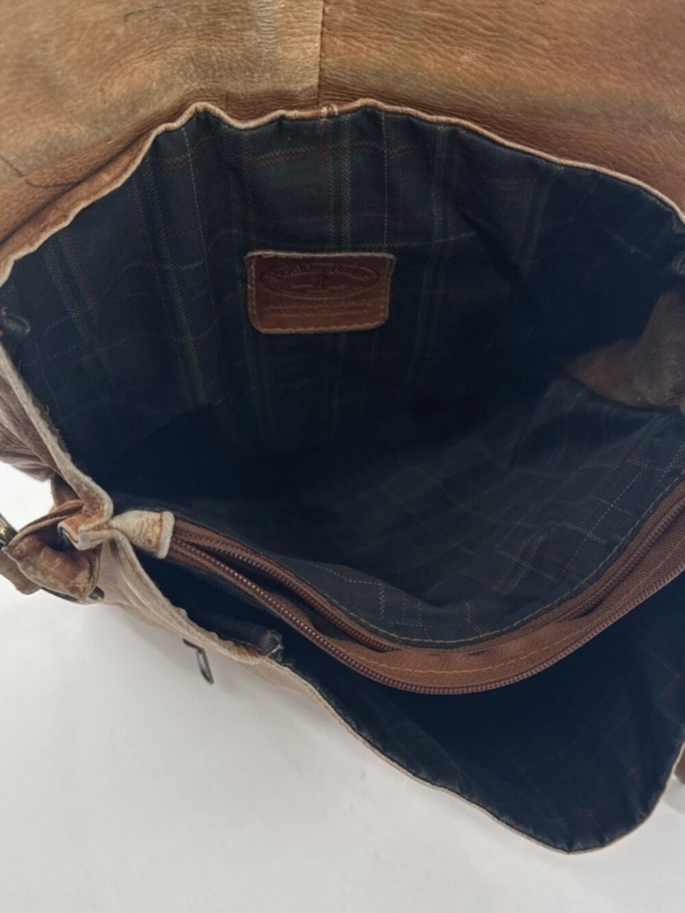 Boulder Ridge Messenger Bag Tan Cowhide Leather Plaid Lined Pockets Distressed - Picture 12 of 16
